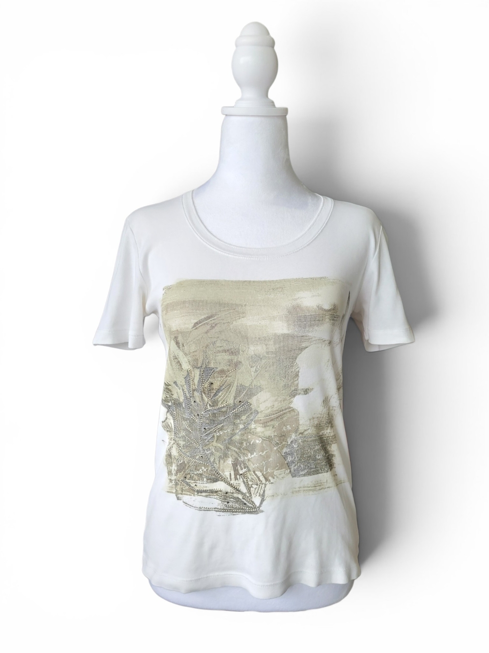 Olsen Europe White Embroidered Rhinestone Graphic T-Shirt Boho Euro Chic XS